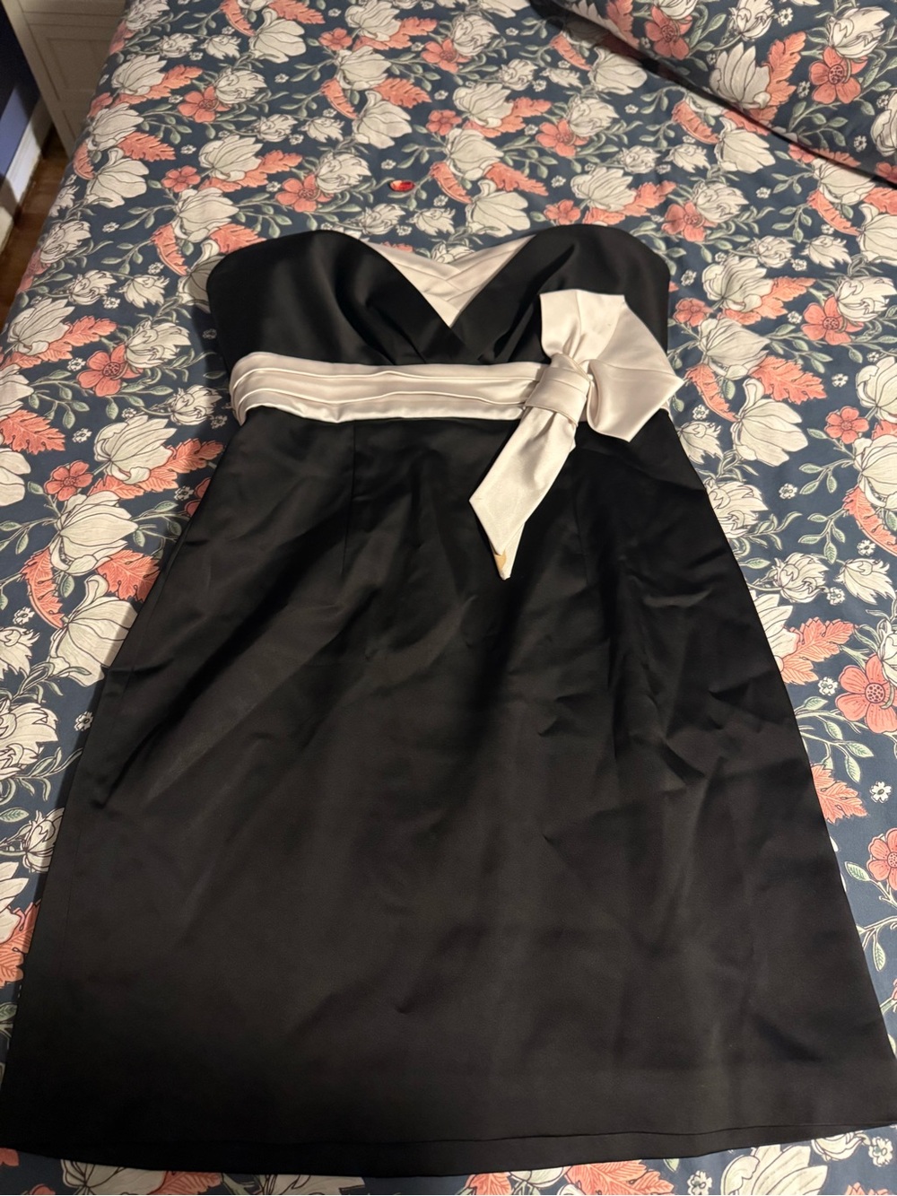 BCBG Strapless Black Cocktail Dress with Ivory Sash